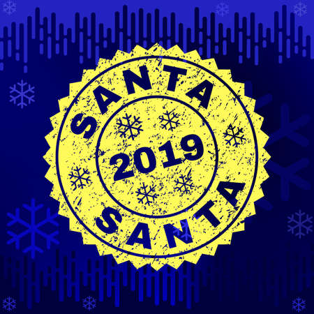 Grunge round Santa rosette stamp seal for 2019 winter. Vector Santa rubber seal imitation for New Year and Christmas purposes. Blue gradient background with snowflakes and transition effect.のイラスト素材