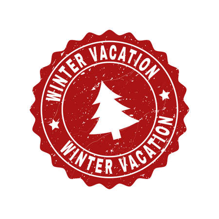 Grunge round Winter Vacation stamp seal with fir-tree. Vector Winter Vacation rubber seal imitation for New Year and Christmas purposes. Red colored rosette with grunge surface.のイラスト素材