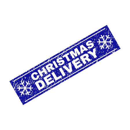 Grunge rectangle Christmas Delivery stamp seal with snowflakes and lines. Vector Christmas Delivery rubber seal imitation in winter style. Blue colored rectangle with grunge effect.のイラスト素材