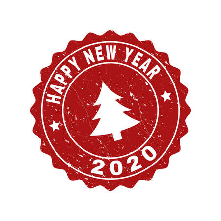 Grunge round Happy New Year 2020 stamp seal with fir-tree. Vector Happy New Year 2020 rubber seal imitation for New Year and Christmas purposes. Red colored rosette with grunge surface.のイラスト素材