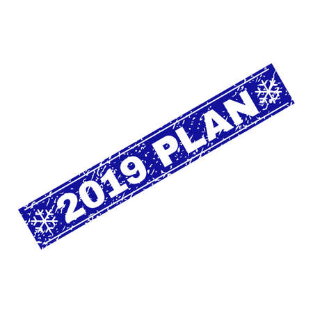 Grunge rectangle 2019 Plan watermark with snowflakes and lines. Vector 2019 Plan grunge stamp in winter style. Blue colored rectangle with grunge style.のイラスト素材