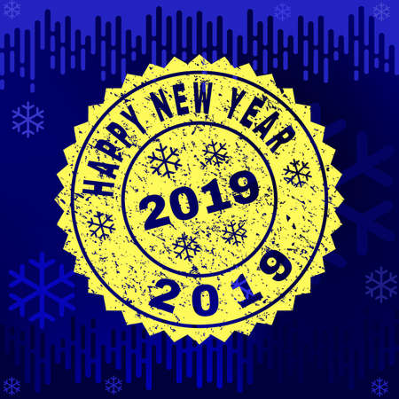 Grunge round Happy New Year 2019 rosette stamp seal for 2019 winter. Vector Happy New Year 2019 rubber seal imitation for New Year and Christmas purposes.のイラスト素材
