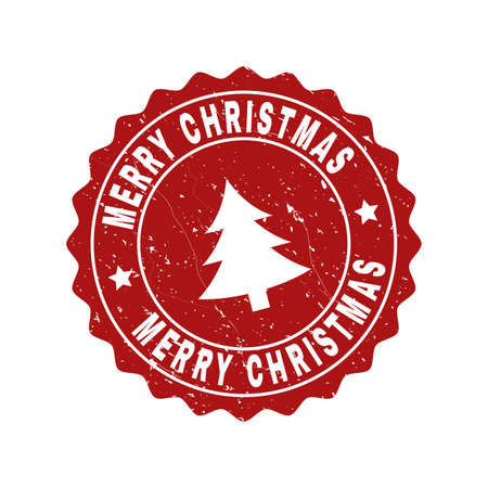 Grunge round Merry Christmas stamp seal with fir-tree. Vector Merry Christmas rubber seal imitation for New Year and Christmas purposes. Red colored rosette with grunge surface.のイラスト素材