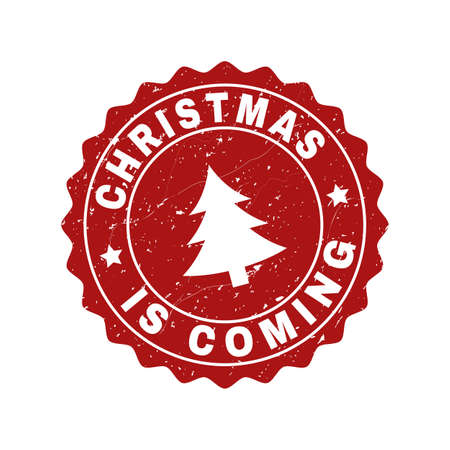 Grunge round Christmas Is Coming stamp seal with fir-tree. Vector Christmas Is Coming rubber seal imitation for New Year and Christmas purposes. Red colored rosette with grunge surface.のイラスト素材