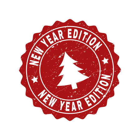 Grunge round New Year Edition stamp seal with fir-tree. Vector New Year Edition rubber seal imitation for New Year and Christmas purposes. Red colored rosette with grunge surface.のイラスト素材