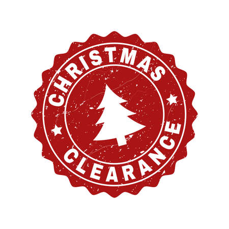Grunge round Christmas Clearance stamp seal with fir-tree. Vector Christmas Clearance rubber seal imitation for New Year and Christmas purposes. Red colored rosette with grunge style.のイラスト素材