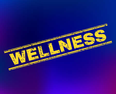 Grunge Wellness stamp seal on complex gradient background. Vector Wellness rubber seal imitation. Light yellow colored phrase between double parallel lines with scratced surface.のイラスト素材