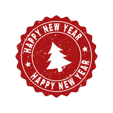 Grunge round Happy New Year stamp seal with fir-tree. Vector Happy New Year rubber seal imitation for New Year and Christmas purposes. Red colored rosette with grunge effect.のイラスト素材