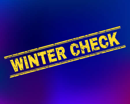 Grunge Winter Check stamp seal on complex gradient background. Vector Winter Check rubber seal imitation. Light yellow colored phrase between double parallel lines with grunge texture.のイラスト素材
