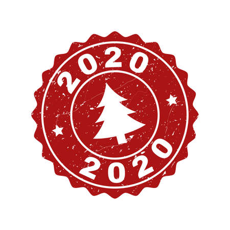 Grunge round 2020 stamp seal with fir-tree. Vector 2020 rubber seal imitation for New Year and Christmas purposes. Red colored rosette with grunge surface.のイラスト素材