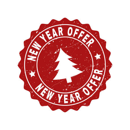 Grunge round New Year Offer stamp seal with fir-tree. Vector New Year Offer rubber seal imitation for New Year and Christmas purposes. Red colored rosette with grunge texture.のイラスト素材