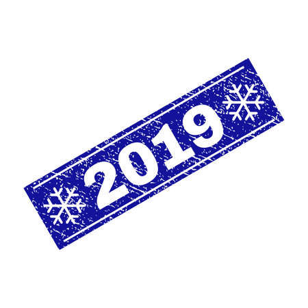 Grunge rectangle 2019 watermark with snowflakes and lines. Vector 2019 grunge stamp in winter style. Blue colored rectangle with grunge style.のイラスト素材