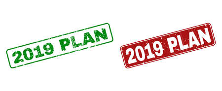 Grunge 2019 Plan stamp seals. Vector 2019 Plan rubber seal imitation in red and green colors. Text is placed inside rounded rectangle frames with grunge surface.のイラスト素材