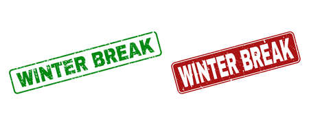 Grunge Winter Break stamp seals. Vector Winter Break rubber seal imitation in red and green colors. Text is placed inside rounded rectangle frames with scratced style.のイラスト素材