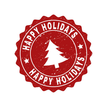 Grunge round Happy Holidays stamp seal with fir-tree. Vector Happy Holidays rubber seal imitation for New Year and Christmas purposes. Red colored rosette with grainy surface.のイラスト素材