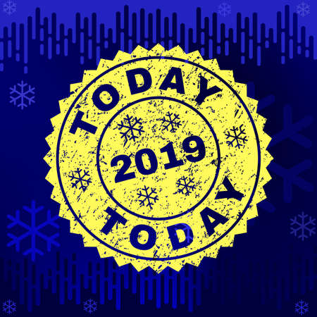 Grunge round Today rosette stamp seal for 2019 winter. Vector Today rubber seal imitation for New Year and Christmas purposes. Blue gradient background with snowflakes and transition effect.のイラスト素材
