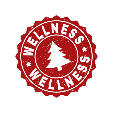 Grunge round Wellness stamp seal with fir-tree. Vector Wellness rubber seal imitation for New Year and Christmas purposes. Red colored rosette with grunge effect.のイラスト素材