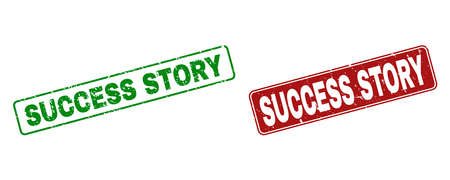 Grunge Success Story stamp seals. Vector Success Story rubber seal imitation in red and green colors. Text is placed inside rounded rectangle frames with grunge style.のイラスト素材