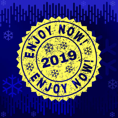 Grunge round Enjoy Now! rosette stamp seal for 2019 winter. Vector Enjoy Now! rubber seal imitation for New Year and Christmas purposes. Blue gradient background with snowflakes and transition effect.のイラスト素材