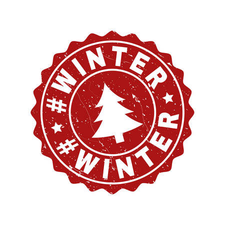Grunge round #Winter stamp seal with fir-tree. Vector #Winter rubber seal imitation for New Year and Christmas purposes. Red colored rosette with grunge surface.のイラスト素材