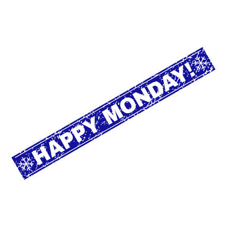 Grunge rectangle Happy Monday! stamp seal with snowflakes and lines. Vector Happy Monday! grunge stamp in winter style. Blue colored rectangle with grainy style.のイラスト素材