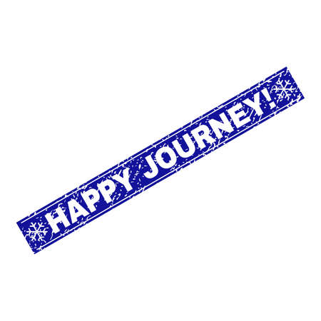 Grunge rectangle Happy Journey! stamp seal with snowflakes and lines. Vector Happy Journey! grunge stamp in winter style. Blue colored rectangle with grainy surface.のイラスト素材
