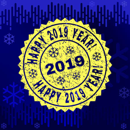 Grunge round Happy 2019 Year! rosette stamp seal for 2019 winter. Vector Happy 2019 Year! rubber seal imitation for New Year and Christmas purposes.のイラスト素材