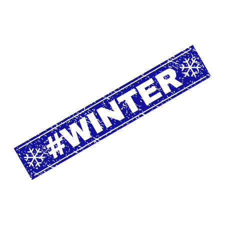 Grunge rectangle #Winter stamp seal with snowflakes and lines. Vector #Winter grunge stamp in winter style. Blue colored rectangle with draft style.のイラスト素材