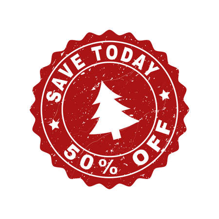 Grunge round Save Today 50% Off stamp seal with fir-tree. Vector Save Today 50% Off rubber seal imitation for New Year and Christmas purposes. Red colored rosette with grunge surface.のイラスト素材