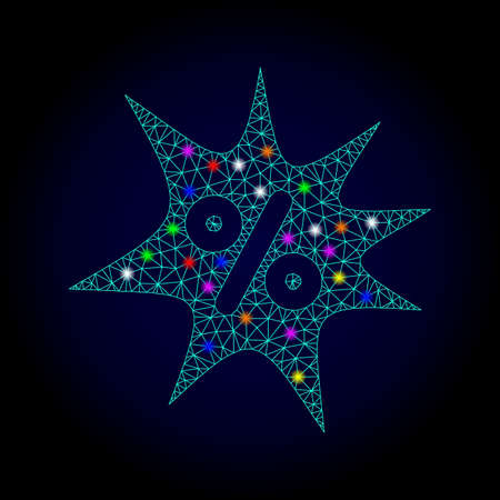 Glossy polygonal mesh discount boom icon with glare effect on a dark background. Carcass discount boom iconic vector with glowing multi colored spheres for New Year templates.のイラスト素材