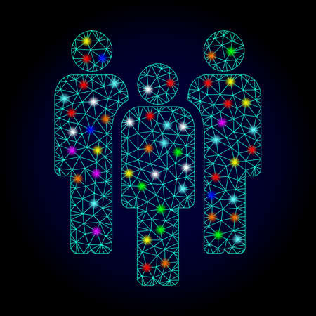 Glossy polygonal mesh people icon with glare effect on a dark background. Carcass people iconic vector with glamour multicolored spheres for Christmas purposes. Abstract light blue mesh lines,のイラスト素材