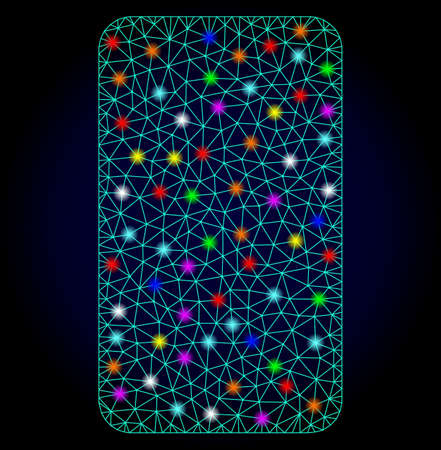 Glossy polygonal mesh rounded rectangle icon with glare effect on a dark background. Carcass rounded rectangle iconic vector with glitter multi colored dots for New Year templates.のイラスト素材