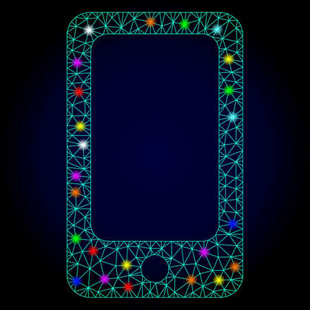 Glossy polygonal mesh smartphone icon with glow effect on a dark background. Carcass smartphone iconic vector with glitter multicolored spheres for New Year purposes. Abstract light blue mesh lines,のイラスト素材