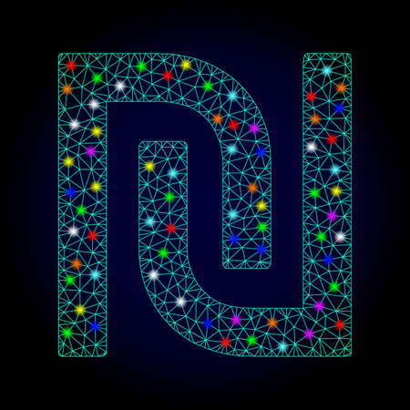 Glossy polygonal mesh shekel icon with glow effect on a dark background. Carcass shekel iconic vector with glowing multi colored points for New Year templates. Abstract light blue mesh lines,のイラスト素材