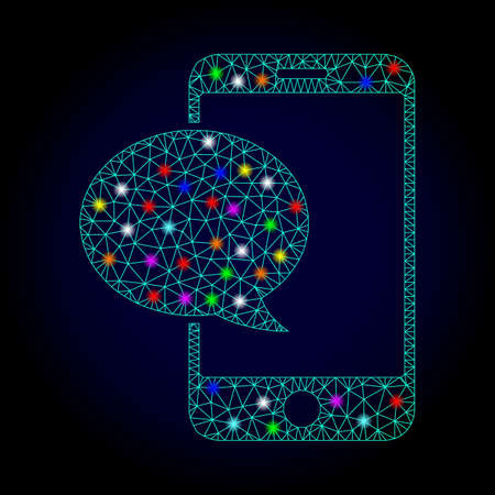 Glossy polygonal mesh smartphone message icon with glow effect on a dark background. Carcass smartphone message iconic vector with illuminated colorful spheres for Christmas illustrations.のイラスト素材
