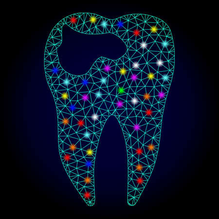 Glossy polygonal mesh tooth caries icon with glow effect on a dark background. Carcass tooth caries iconic vector with glitter multi colored points for New Year illustrations.のイラスト素材