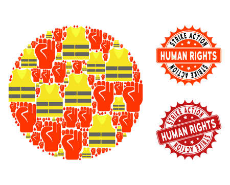 Strike action collage of revolting globe, grunge and clean seals. Globe collage formed for Gilet Jaunes protest illustrations. Vector abstract collage of globe against fuel price rising.のイラスト素材