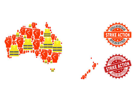 Strike action collage of revolting map of Australia and New Zealand, grunge and clean seals. Map of Australia and New Zealand collage created for Gilet Jaunes protest illustrations.のイラスト素材