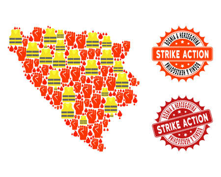 Strike action collage of revolting map of Bosnia and Herzegovina, grunge and clean seal stamps. Map of Bosnia and Herzegovina collage composed for Gilet Jaunes protest illustrations.のイラスト素材