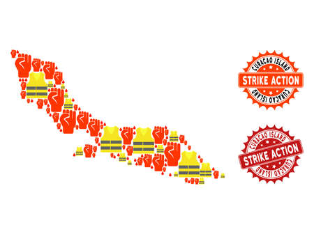 Strike action composition of revolting map of Curacao Island, grunge and clean stamps. Map of Curacao Island collage composed for Gilet Jaunes protest illustrations.のイラスト素材