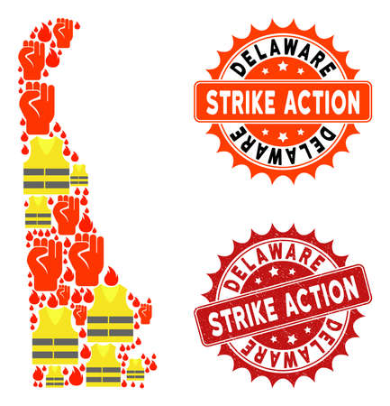 Strike action combination of revolting map of Delaware State, grunge and clean stamps. Map of Delaware State collage created for Gilet Jaunes protest illustrations.のイラスト素材