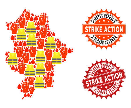 Strike action collage of revolting map of Donetsk Republic, grunge and clean seals. Map of Donetsk Republic collage composed for Gilet Jaunes protest illustrations.のイラスト素材