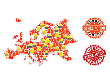 Strike action collage of revolting map of Europe, grunge and clean stamps. Map of Europe collage formed for Gilet Jaunes protest illustrations.のイラスト素材