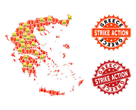 Strike action collage of revolting map of Greece, grunge and clean seals. Map of Greece collage created for Gilet Jaunes protest illustrations.のイラスト素材