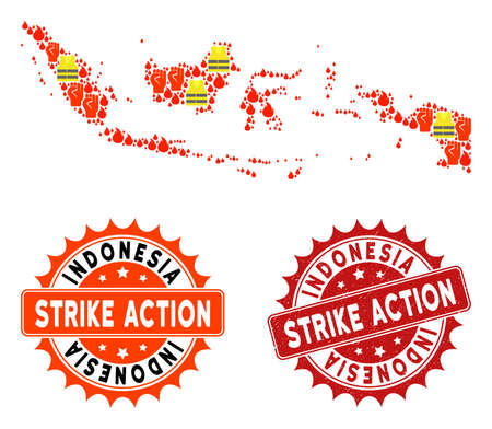 Strike action combination of revolting map of Indonesia, grunge and clean seal stamps. Map of Indonesia collage designed for Gilet Jaunes protest illustrations.のイラスト素材
