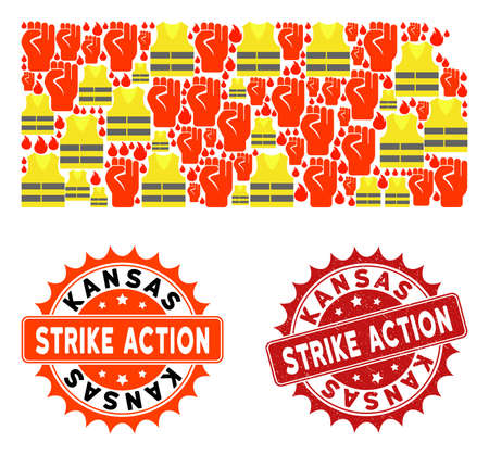 Strike action collage of revolting map of Kansas State, grunge and clean stamps. Map of Kansas State collage composed for Gilet Jaunes protest illustrations.のイラスト素材