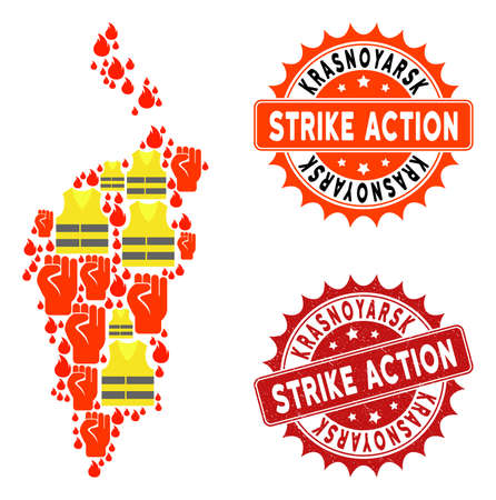 Strike action collage of revolting map of Krasnoyarskiy Kray, grunge and clean seal stamps. Map of Krasnoyarskiy Kray collage created for Gilet Jaunes protest illustrations.のイラスト素材