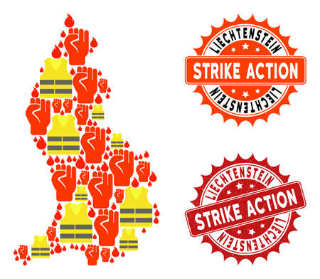 Strike action collage of revolting map of Liechtenstein, grunge and clean stamps. Map of Liechtenstein collage formed for Gilet Jaunes protest illustrations.のイラスト素材