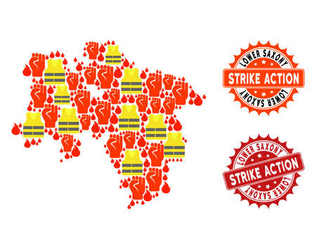 Strike action collage of revolting map of Lower Saxony State, grunge and clean stamps. Map of Lower Saxony State collage composed for Gilet Jaunes protest illustrations.のイラスト素材