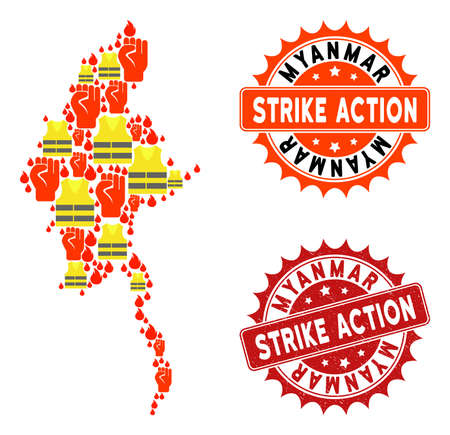 Strike action collage of revolting map of Myanmar, grunge and clean stamps. Map of Myanmar collage created for Gilet Jaunes protest illustrations.のイラスト素材